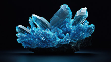 Luminous blue crystals glowing on black, intricate shapes and vibrant light for a striking effectの素材