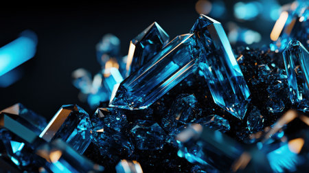 Luminous blue crystalline structures, glowing bright on dark background, intricate designの素材