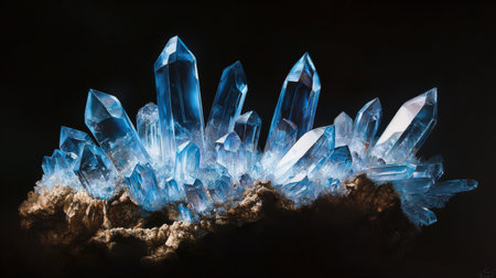 Beautiful blue crystals on a black background. 3d rendering.の素材