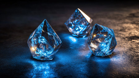 Three blue crystals on dark background with copy space. 3D rendering.の素材