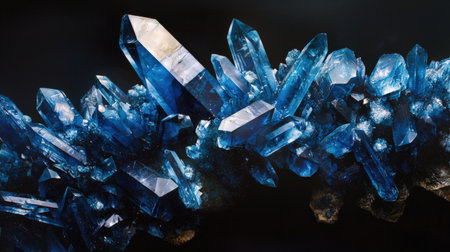 Blue crystals on black background, close up. Jewelry background.の素材