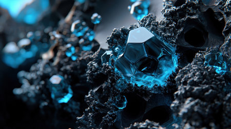 Close up of blue crystals on black background. 3D illustration.の素材