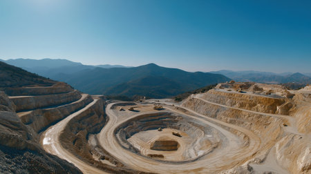 A panoramic view of a bustling open-pit mine.の素材
