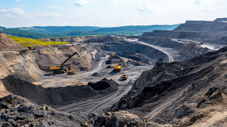 A panoramic view of a bustling open-pit mine.の素材