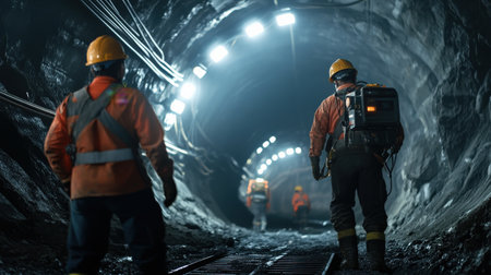 Miners using advanced technology to navigate tunnels.の素材
