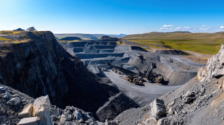 A panoramic view of a bustling open-pit mine.の素材