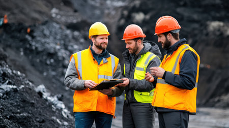 Engineers discussing mine safety protocols on-site.の素材