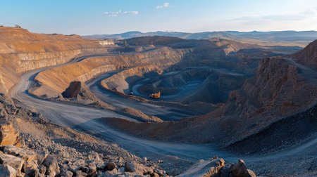 A panoramic view of a bustling open-pit mine.の素材