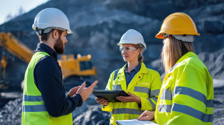 Engineers discussing mine safety protocols on-site.の素材