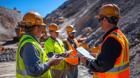 Engineers discussing mine safety protocols on-site.の素材