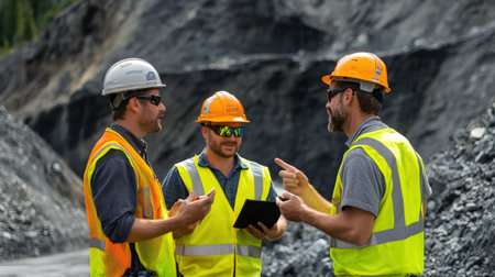 Engineers discussing mine safety protocols on-site.の素材
