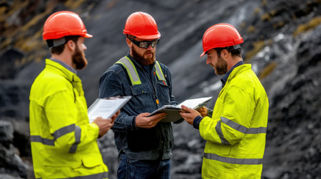 Engineers discussing mine safety protocols on-site.の素材