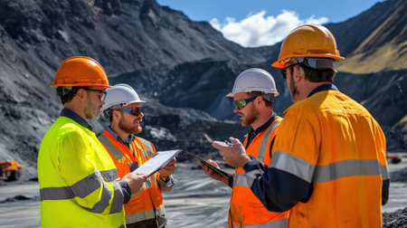 Engineers discussing mine safety protocols on-site.の素材