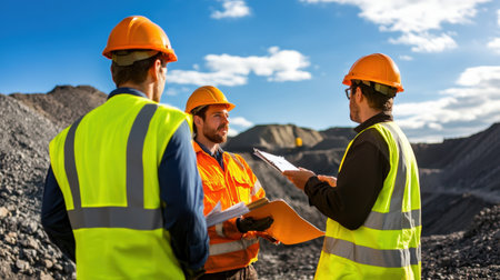Engineers discussing mine safety protocols on-site.の素材