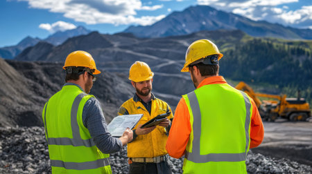 Engineers discussing mine safety protocols on-site.の素材