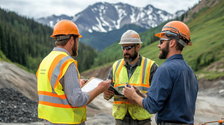 Engineers discussing mine safety protocols on-site.の素材