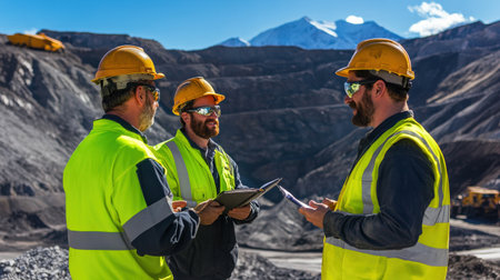 Engineers discussing mine safety protocols on-site.の素材