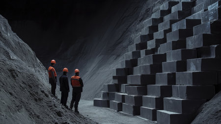Miners standing next to large stacks of extracted minerals.の素材
