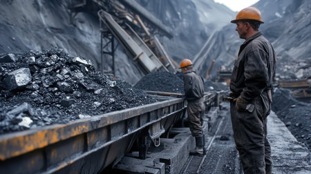 Miners standing next to large stacks of extracted minerals.の素材
