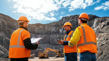Engineers discussing mine safety protocols on-site.の素材