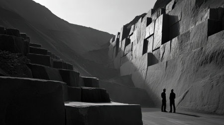 Miners standing next to large stacks of extracted minerals.の素材