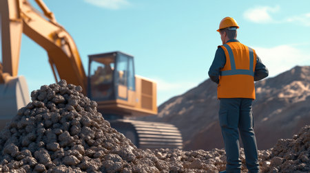 Miners standing next to large stacks of extracted minerals.の素材
