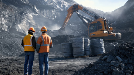 Miners standing next to large stacks of extracted minerals.の素材