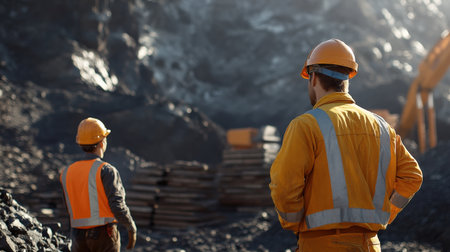 Miners standing next to large stacks of extracted minerals.の素材