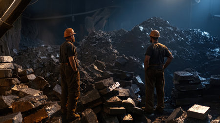 Miners standing next to large stacks of extracted minerals.の素材
