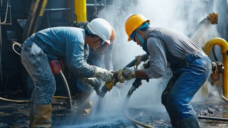 Workers using high-pressure water jets for extraction. Miner in the mineの素材
