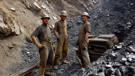 Miners standing next to large stacks of extracted minerals.の素材