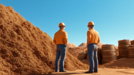 Miners standing next to large stacks of extracted minerals.の素材