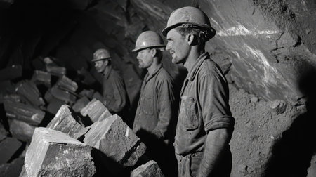 Miners standing next to large stacks of extracted minerals.の素材
