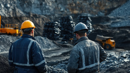 Miners standing next to large stacks of extracted minerals.の素材
