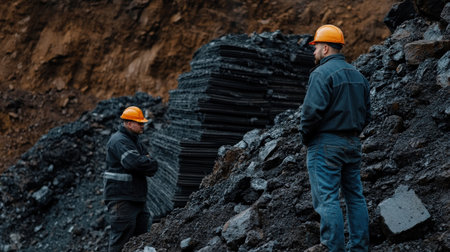Miners standing next to large stacks of extracted minerals.の素材