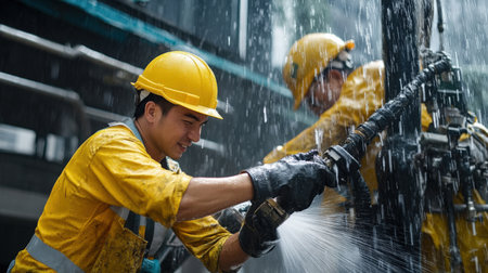 Workers using high-pressure water jets for extraction. Miner in the mineの素材