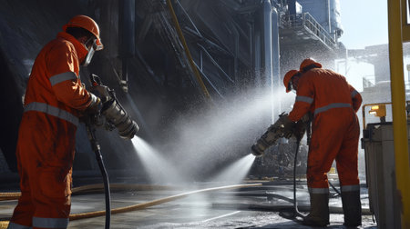 Workers using high-pressure water jets for extraction. Miner in the mineの素材