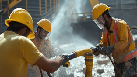 Workers using high-pressure water jets for extraction. Miner in the mineの素材