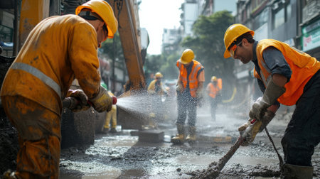 Workers using high-pressure water jets for extraction. Miner in the mineの素材