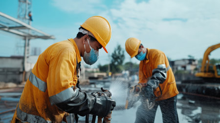 Workers using high-pressure water jets for extraction. Miner in the mineの素材