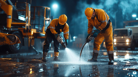 Workers using high-pressure water jets for extraction. Miner in the mineの素材