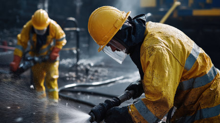Workers using high-pressure water jets for extraction. Miner in the mineの素材