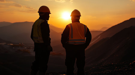 two miner silhouette against the backdrop of an open mine. celebrationの素材