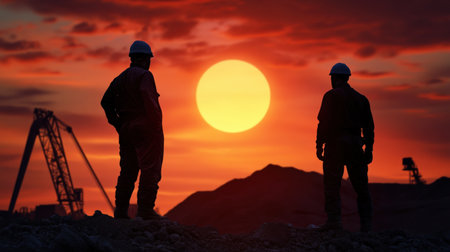 two miner silhouette against the backdrop of an open mine. celebrationの素材
