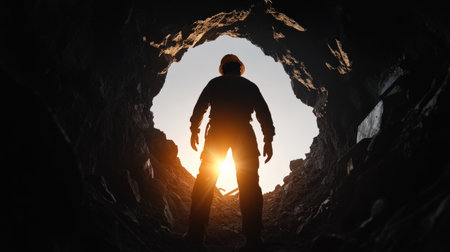 A miner silhouette against the backdrop of an open mine. celebrationの素材