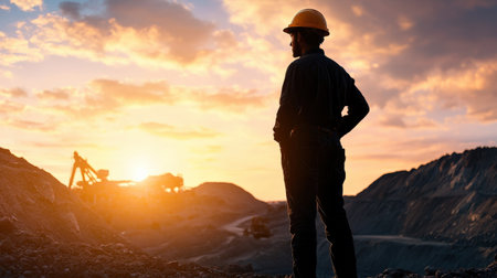 A miner silhouette against the backdrop of an open mine. celebrationの素材