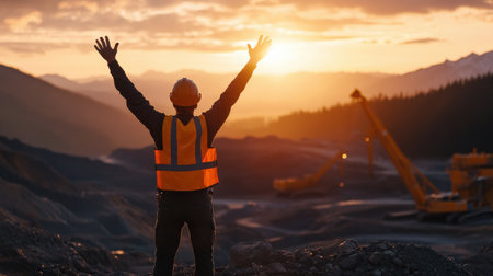 A miner silhouette against the backdrop of an open mine. celebrationの素材
