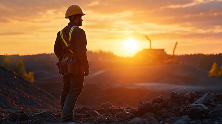 A miner silhouette against the backdrop of an open mine. celebrationの素材
