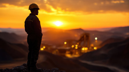 A miner silhouette against the backdrop of an open mine. celebrationの素材
