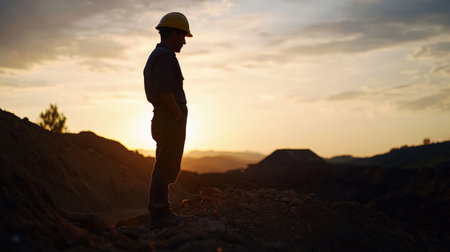 A miner silhouette against the backdrop of an open mine. celebrationの素材